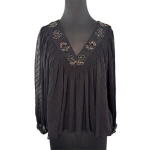 ZARA Black Blouse Floral Sheer Polka Dot Beaded Embroidered V-Neck Size Medium M